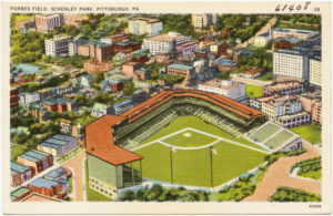 Public Domain Photo
A vintage postcard illustration depicts Forbes Field in its heyday. The stadium operated in Oakland for 61 years, from 1909 to 1970.