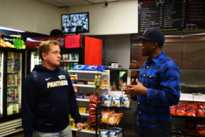 Frenchi chats with customer and University of Pittsburgh student Paul Williams. Frenchi is famous among Pitt’s student body.